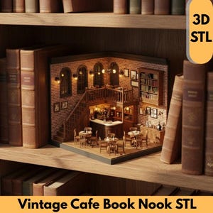 May include: A miniature vintage cafe book nook model with a brick facade, small tables, and a bar. The model is surrounded by brown books on a wooden shelf. The text "3D STL" is on the right, and "Vintage Cafe Book Nook STL" is at the bottom.