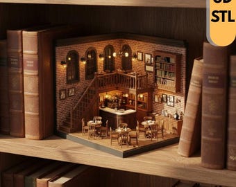 Vintage Cafe Book Nook STL, Miniature Library Alley