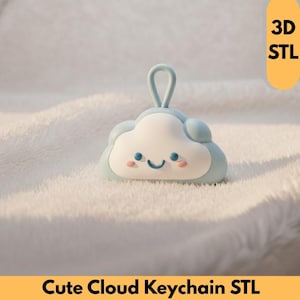 May include: A cute cloud-shaped keychain with a smiling face, blush cheeks, and a loop for attaching to keys. The keychain is light blue and white, with the text "Cute Cloud Keychain STL" at the bottom and "3D STL" in a yellow rectangle.