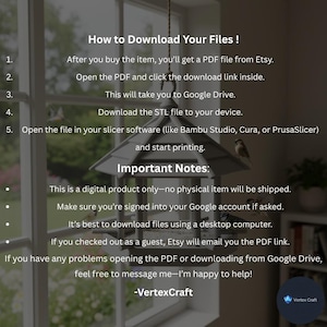 Puede incluir: Una gu&iacute;a de instrucciones digital para descargar archivos de impresi&oacute;n 3D, con el texto How to Download Your Files e Important Notes, superpuesto a una imagen semitransparente de un comedero para p&aacute;jaros colgante.