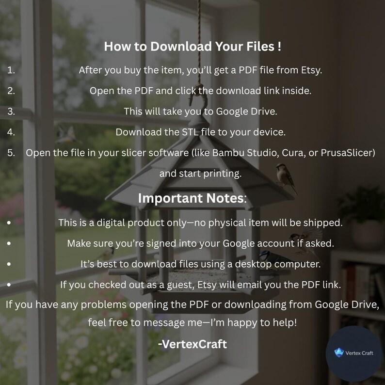 Puede incluir: Una gu&iacute;a de instrucciones digital para descargar archivos de impresi&oacute;n 3D, con el texto How to Download Your Files e Important Notes, superpuesto a una imagen semitransparente de un comedero para p&aacute;jaros colgante.