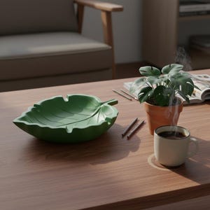 May include: A green leaf-shaped ashtray sits on a wooden table. A small potted plant, a cup of coffee, and two pencils are also on the table. The ashtray has a detailed leaf vein design.