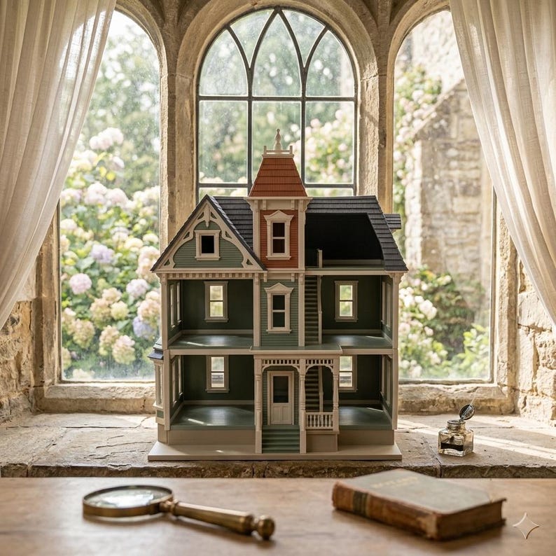 Puede incluir: Una casa de mu&ntilde;ecas de varios pisos con paredes exteriores de color verde salvia, un techo gris oscuro y una torre central con un techo de color terracota. La estructura incluye varias ventanas, un porche con escaleras y parte trasera abierta.