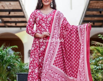 Hand Block Print Cotton Kurti Pant Dupatta Set, Gotta Patti Work Ethnic Wear