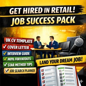 Könnte beinhalten: Ein Bild, das ein Job-Erfolgspaket mit dem Text "GET HIRED IN RETAIL! JOB SUCCESS PACK" bewirbt. Das Bild enthält eine UK CV-Vorlage, ein Anschreiben, einen Interview-Leitfaden und einen Job-Suchplaner. Zwei Männer in Anzügen sitzen an einem Tisch.