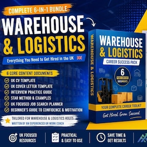 May include: A complete 6-in-1 bundle for Warehouse & Logistics careers. The blue box set includes 6 core content documents, including a CV template, cover letter template, and interview practice guide. The set also includes a job search planner and a guide to confidence and motivation.