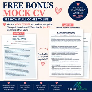 May include: A digital document template titled FREE BONUS MOCK CV featuring a blank template on the left and a completed example for Sarah Mahmood on the right. The design includes pink heart icons, dark blue text, and the Aspire Method logo.