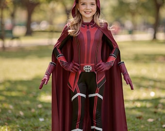 Scarlet Witch Kostüm für Kinder und Mädchen – WandaVision Cosplay-Outfit, Hexenumhang, Robe und Kopfschmuck-Set, Halloween-Superhelden-Kostüm