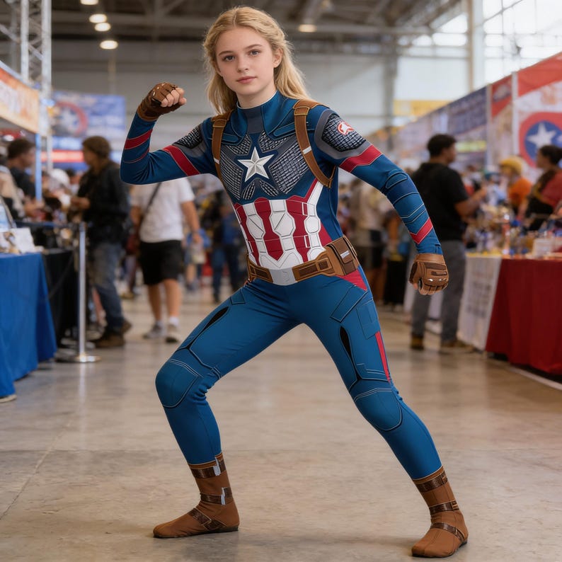 Captain America Cosplay Costume Jumpsuit | Superhero Bodysuit for Kids & Adults | Halloween Costume | Comic Con Outfit | Steve Rogers Suit image 4