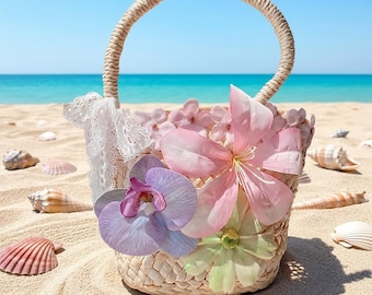 Bolso de paja tejido con estampado floral | Bolso de playa bohemio de verano con flores grandes y encaje | Bolso estilo cesta de picnic cottagecore | Regalo de graduación para el Día de la Madre