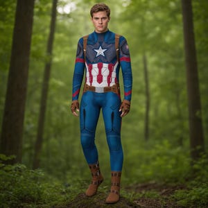 May include: A full-body blue, red, and white superhero costume featuring a central white star on the chest, textured blue fabric, red vertical stripes, brown harness straps, fingerless brown gloves, and matching brown boots with buckle details.