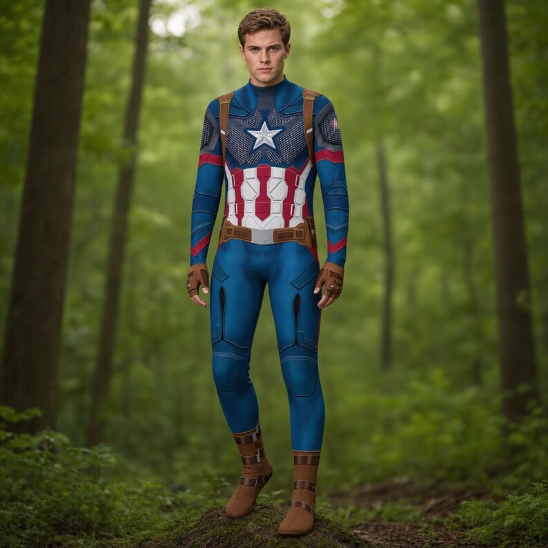 May include: A full-body blue, red, and white superhero costume featuring a central white star on the chest, textured blue fabric, red vertical stripes, brown harness straps, fingerless brown gloves, and matching brown boots with buckle details.