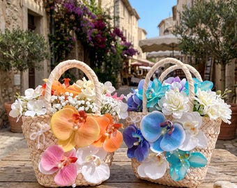 Luxuriöse Strohtasche mit Phalaenopsis-Orchideenmotiv – Handgefertigter Schmetterlingsblumenkorb | 3D-gewebte Sommer-Hochzeitstasche | Romantisches Geschenk für Strandurlaube
