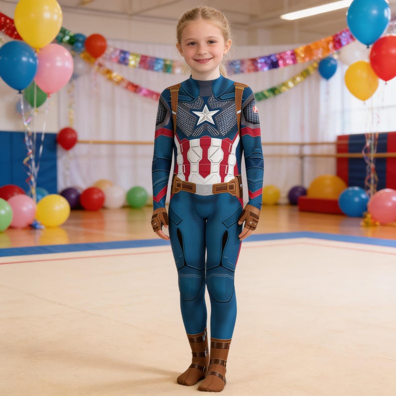 May include: A full-body Captain America costume featuring a blue, red, and white printed jumpsuit with a central white star emblem on the chest, integrated brown belt and glove details, and matching brown boot covers, designed for a superhero character look.