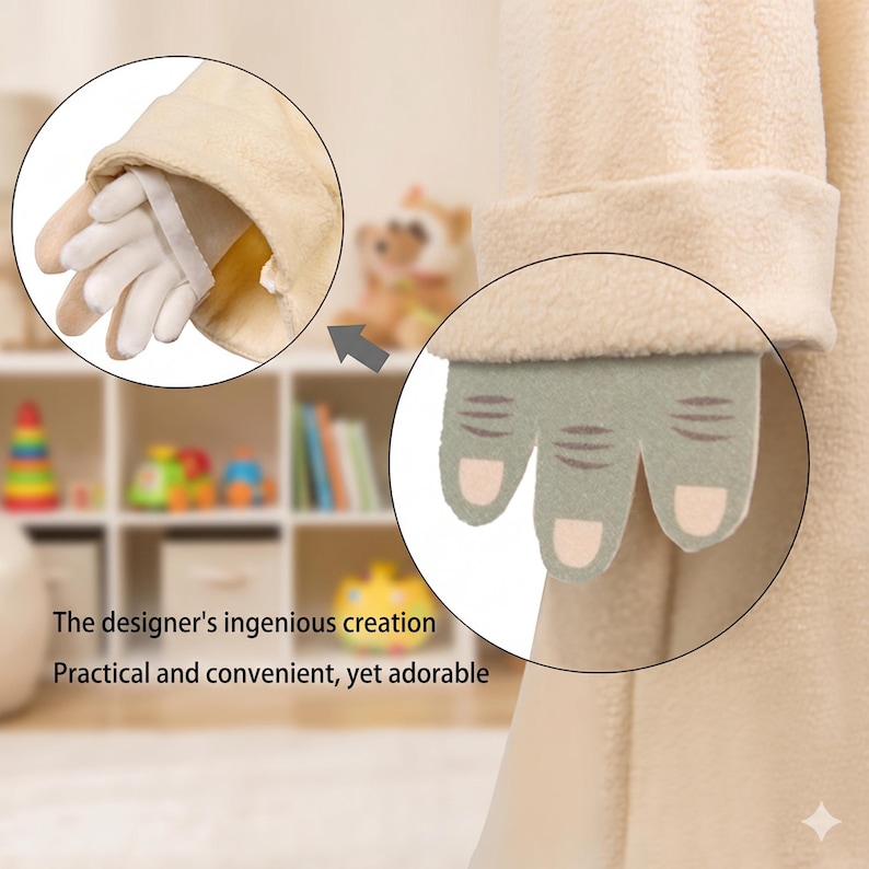 K&ouml;nnte beinhalten: Ein beiges Pl&uuml;schkost&uuml;m mit einer detaillierten Nahaufnahme des Hand- und Handschuhdesigns. Das Kost&uuml;m hat eine hellgr&uuml;ne Hand mit drei Fingern und wei&szlig;en Handschuhen. Der Text lautet: "Die geniale Kreation des Designers. Praktisch und bequem, aber bezaubernd."