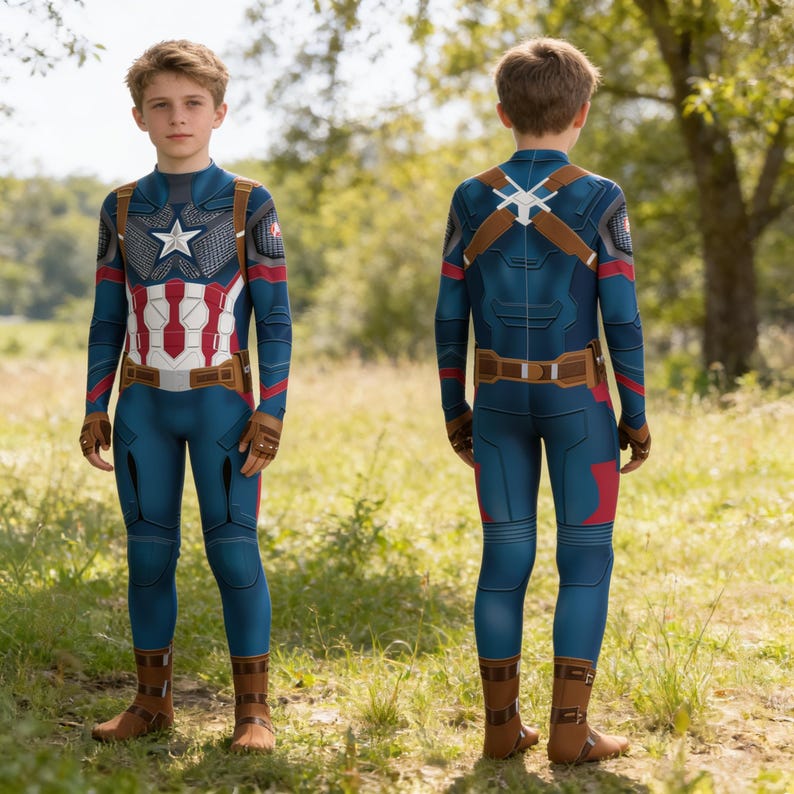 May include: A full-body Captain America costume featuring a blue, red, and white jumpsuit with a printed star emblem on the chest, brown utility belt, and matching brown gloves and boot covers, shown from both the front and back perspectives.