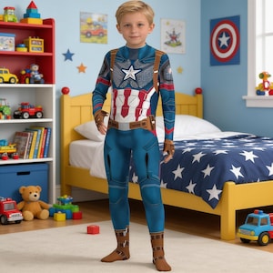 Captain America Cosplay Costume Jumpsuit | Superhero Bodysuit for Kids & Adults | Halloween Costume | Comic Con Outfit | Steve Rogers Suit image 1