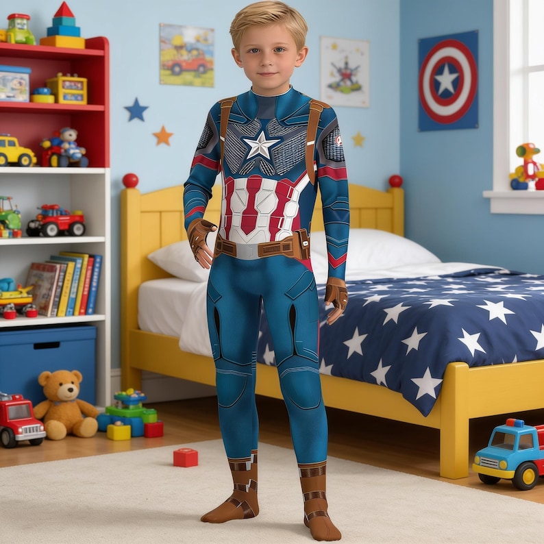 Captain America Cosplay Costume Jumpsuit | Superhero Bodysuit for Kids & Adults | Halloween Costume | Comic Con Outfit | Steve Rogers Suit image 1
