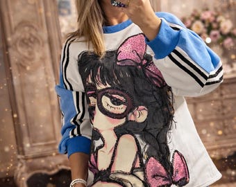 Italiaans grafisch sweatshirt oversized | Artistieke top met lovertjesprint voor meisjes | Luxe streetwear-trui | Uniek fashionstatement | Dames casual