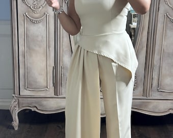 Elegant Cream Two Piece Set – Asymmetric Top with Draped Side & Tailored Pants – Luxury Minimalist Outfit – Italian Style Women Suit