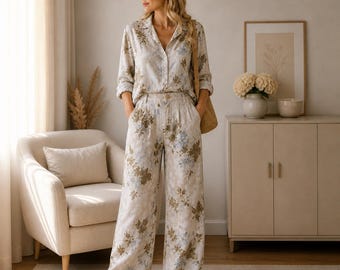 Linen Floral Set Women Summer Outfit Boho Two Piece Set Wide Leg Pants & Shirt Italian Style Beige Botanical Co Ord Set Vacation Outfit
