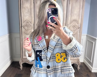 Blazer a quadri italiano con applicazioni – Giacca oversize di tendenza, stile street style