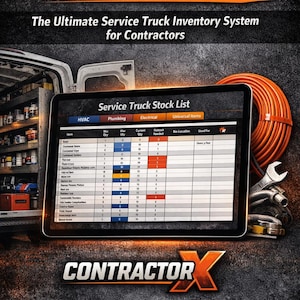May include: Image promoting a service truck inventory system for contractors. A tablet displays a stock list with HVAC, plumbing, and electrical categories. Text reads "STOP WASTING TIME AT SUPPLY HOUSES!" and "CONTRACTOR X". An orange coil and wrench are visible.