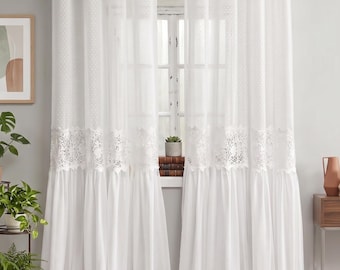 Panel de cortina transparente de encaje blanco / Cortinas florales románticas / Cortina elegante que filtra la luz