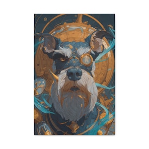 May include: A digital art print of a Schnauzer dog with a steampunk aesthetic. The dog has a white beard, a monocle, and is set against a backdrop of gears and clockwork elements in shades of gold, blue, and brown.