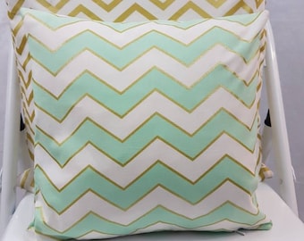 Cushion Cover In Mint & Gold Chevron Stripe fabric