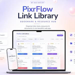Puede incluir: Una interfaz de aplicación web digital titulada PixrFlow Link Library mostrada en la pantalla de una computadora portátil y un teléfono inteligente. La interfaz presenta un diseño de cuadrícula para organizar enlaces, herramientas y recursos.