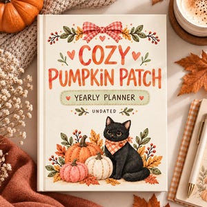 Puede incluir: Una agenda anual de tapa dura titulada Cozy Pumpkin Patch con interior sin fecha. La portada muestra un gato negro con un pañuelo a cuadros, rodeado de calabazas naranjas y blancas, hojas de otoño y un lazo rojo a cuadros en la parte superior.