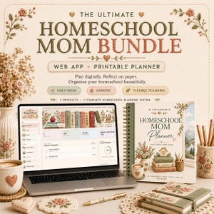 May include: A digital and physical homeschool planning bundle featuring a laptop displaying a dashboard, a spiral-bound planner, a notebook, a mug, and a pen. Text reads: The Ultimate Homeschool Mom Bundle, Web App + Printable Planner.