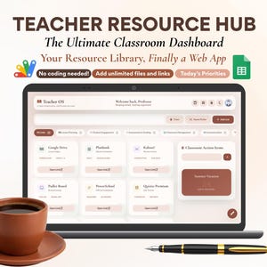 Puede incluir: Una pantalla de portátil que muestra un panel de control Teacher OS con varios enlaces de recursos, junto a una taza de café de cerámica marrón sobre un plato y una pluma estilográfica negra y dorada. El texto dice Teacher Resource Hub.