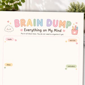 Peut inclure: Une feuille de planification de type brain dump blanche avec le texte pastel BRAIN DUMP Everything on My Mind. Elle comprend des sections pour les tâches, soucis, idées et rappels, décorée d'un nuage souriant, d'un pot à crayons et de cœurs.