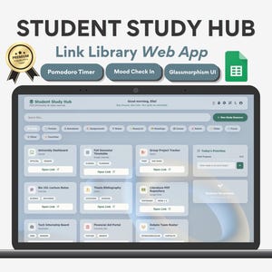 Può includere: Un computer portatile che mostra l'applicazione web Student Study Hub con un'interfaccia in glassmorphism. La dashboard presenta schede per il calendario universitario, progetti di gruppo e priorità giornaliere, incluso un timer Pomodoro.