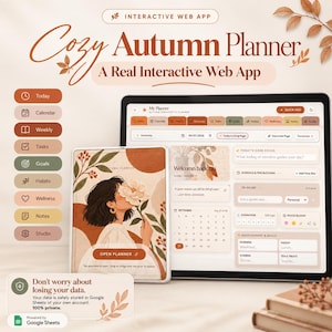 May include: An interactive web app planner displayed on a tablet and a laptop screen. The interface features a warm autumn colour palette, navigation buttons for tasks, goals, and habits, and a digital cover illustration of a person holding a flower.