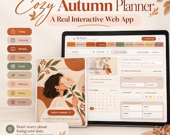 May include: An interactive web app planner displayed on a tablet and a laptop screen. The interface features a warm autumn color palette, navigation buttons for tasks, goals, and habits, and a digital cover illustration of a person holding a flower.