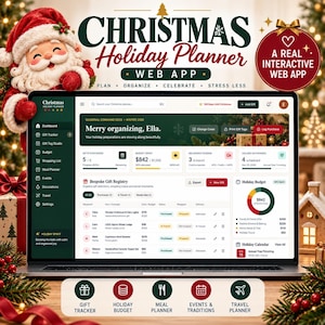 以下が含まれることがあります： クリスマスホリデープランナーのウェブアプリインターフェースを表示するノートパソコン。ギフト追跡、予算、イベント計画機能を示すダッシュボードが表示されており、Merry organizing, EllaやBespoke Gift Registryといったテキストが含まれています。