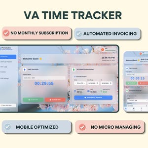 Aplicación web de seguimiento de tiempo para asistentes virtuales / Facturación automatizada, registro de entrada/salida (descarga digital)