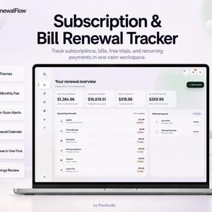 Può includere: Un'interfaccia digitale per un tracker di abbonamenti e rinnovi di fatture visualizzata su uno schermo di un portatile. La dashboard mostra riepiloghi finanziari, rinnovi imminenti per servizi e una coda di attenzione per la revisione delle fatture.