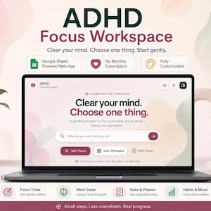 Könnte beinhalten: Ein Laptop-Bildschirm mit der Benutzeroberfläche der Webanwendung ADHD Focus Workspace. Auf dem Bildschirm steht der Text Clear your mind. Choose one thing. Eine Suchleiste sowie Schaltflächen für Start Focus, Open Workspace und Brain Dump.