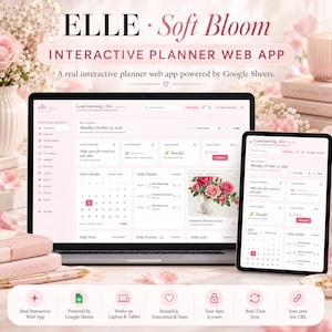 Pode incluir: Um computador portátil e um tablet exibem uma aplicação web de planeamento interativa chamada ELLE Soft Bloom. A interface apresenta um painel com calendário, agenda diária e widgets meteorológicos em rosa. Texto: Good morning, Alex.