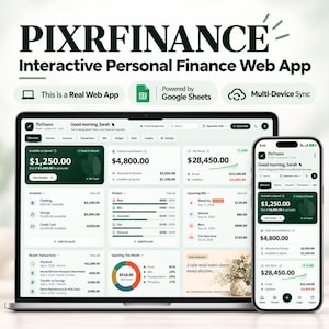 Può includere: Un computer portatile e uno smartphone mostrano l'applicazione web interattiva per la finanza personale PIXRFINANCE. L'interfaccia presenta dashboard finanziarie con saldi dei conti, grafici di spesa e fatture, basata su Google Sheets.
