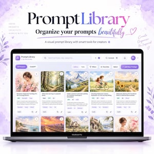 May include: A laptop screen displaying a digital interface titled Prompt Library. The dashboard features a grid of various AI-generated watercolour images, including landscapes, portraits, and scenes, organised with search bars, filter buttons, and category tags.