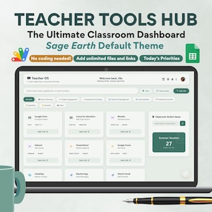 Webapp voor de linkbibliotheek van Google Sheets voor docenten, digitale spreadsheet voor het organiseren van links, dashboard voor dagelijkse takenlijst in saliegroen.