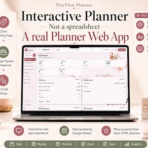 May include: A laptop displaying the PixrFlow Planner web app dashboard with text overlays detailing features like zero monthly fees, multiple workspaces, 10 premium themes, 10 font styles, and Google Sheets integration for daily, weekly, and monthly planning.