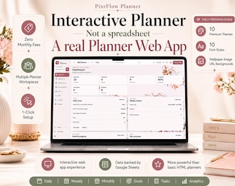 以下が含まれることがあります： PixrFlow Plannerウェブアプリのダッシュボードを表示するノートパソコン。月額料金無料、複数のワークスペース、10種類のプレミアムテーマとフォントスタイル、Googleスプレッドシート連携など、日次・月次計画のための機能がテキストオーバーレイで詳細に記載されています。