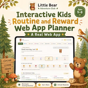 May include: A digital tablet displaying the Little Bear Adventure Club interactive routine and reward web app planner. The screen shows a daily dashboard with weather, feelings, and adventure tasks, surrounded by forest-themed illustrations.