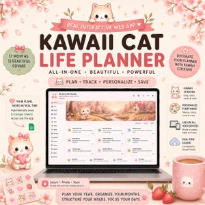 Könnte beinhalten: Ein digitaler Lebensplaner auf einem Laptop-Bildschirm mit Katzenmotiv und rosa Kirschblüten. Die Benutzeroberfläche enthält Bereiche für Jahres-, Monats- und Wochenplanung, Gewohnheitsverfolgung und Finanzmanagement, integriert mit Google Sheets.